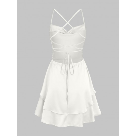 Silky Criss Cross Lace Up Backless Layered Slip Mini Dress