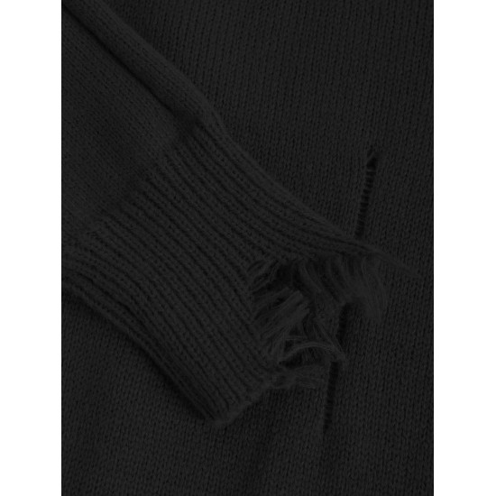 Women's Frayed Ripped Distressed Design Crew Neck Drop Shoulder Loose Pullover Sweater